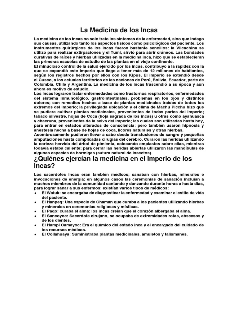 La Medicina de Los Incas | PDF | Imperio Inca | Plantas medicinales