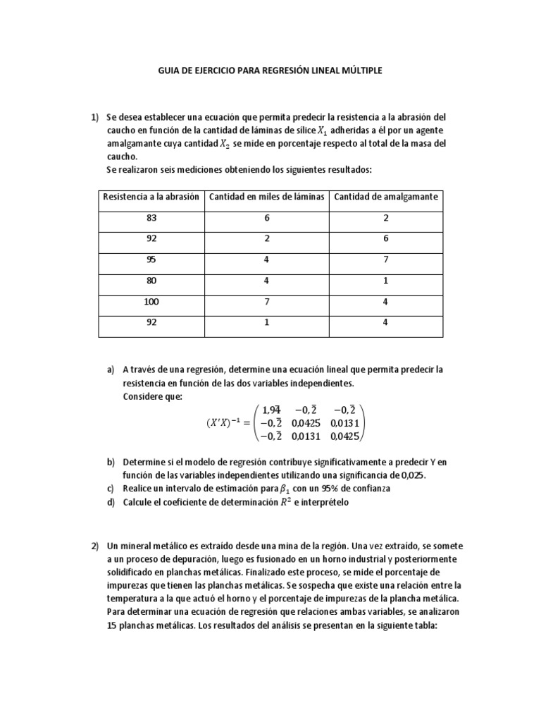 Guia de Ejercicio para Regresion Lineal Multiple | PDF | Análisis de  variación | Regresión lineal