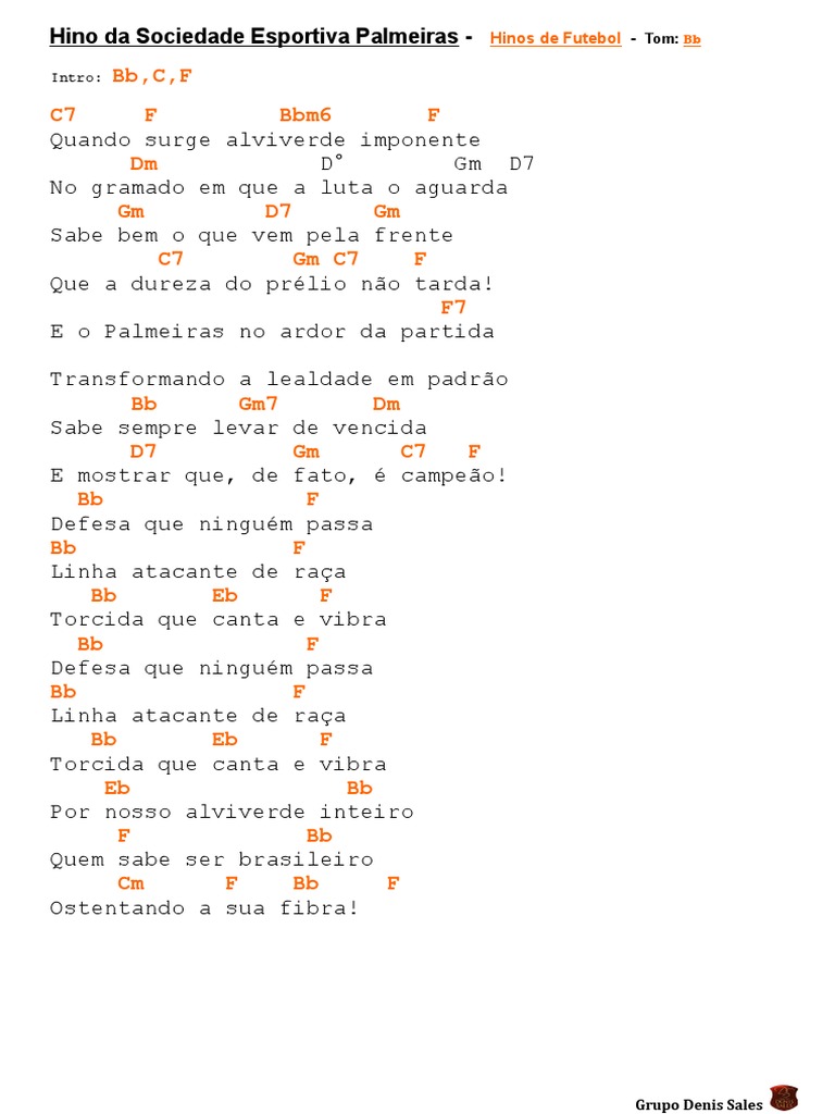 Hino Da Sociedade Esportiva Palmeiras Hino Do Plmeiras Tom BB