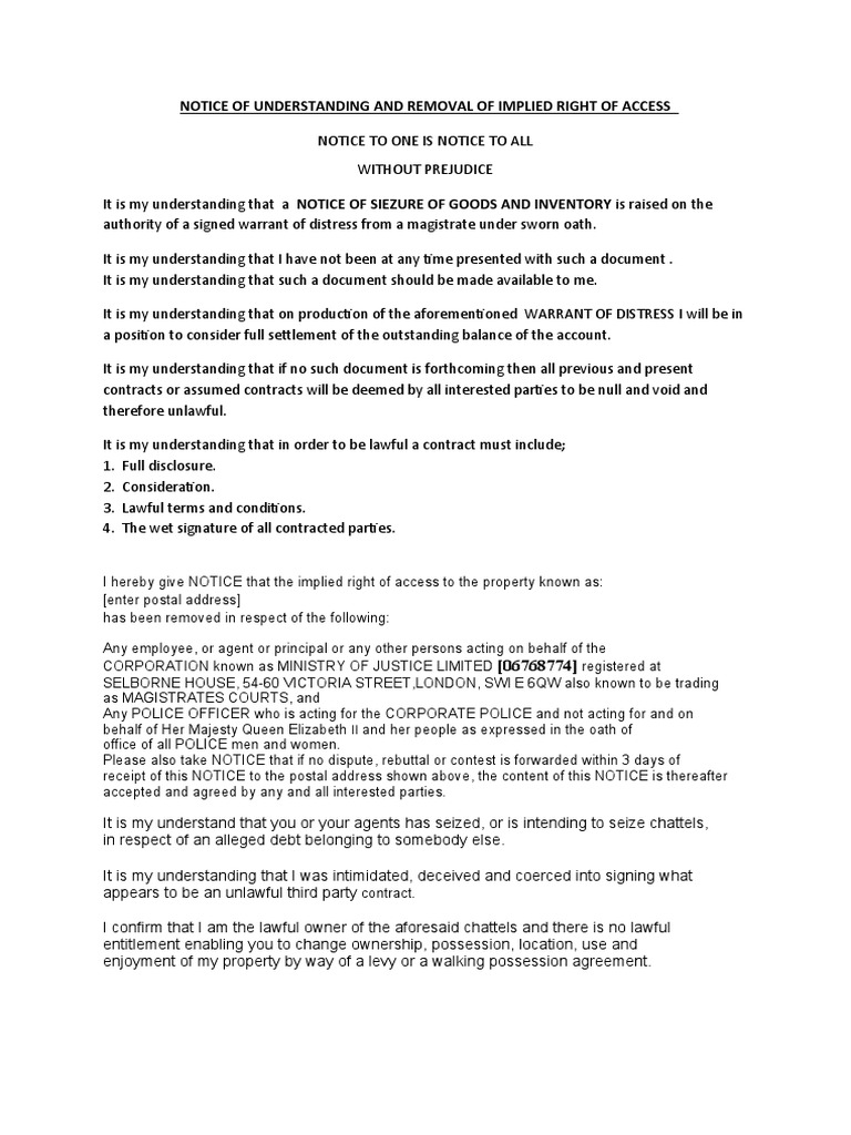 Notice of Understanding and Removal of Implied Right of Access | PDF ...