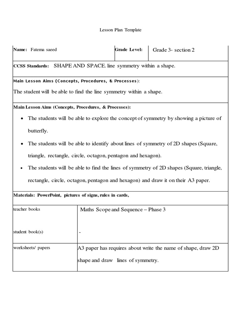 Name: Fatema Saeed Grade Level:: Lesson Plan Template | PDF | Shape ...