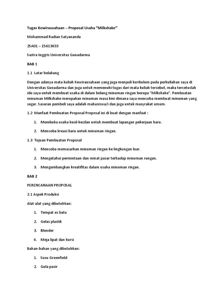 Milk Shake Proposal Usaha