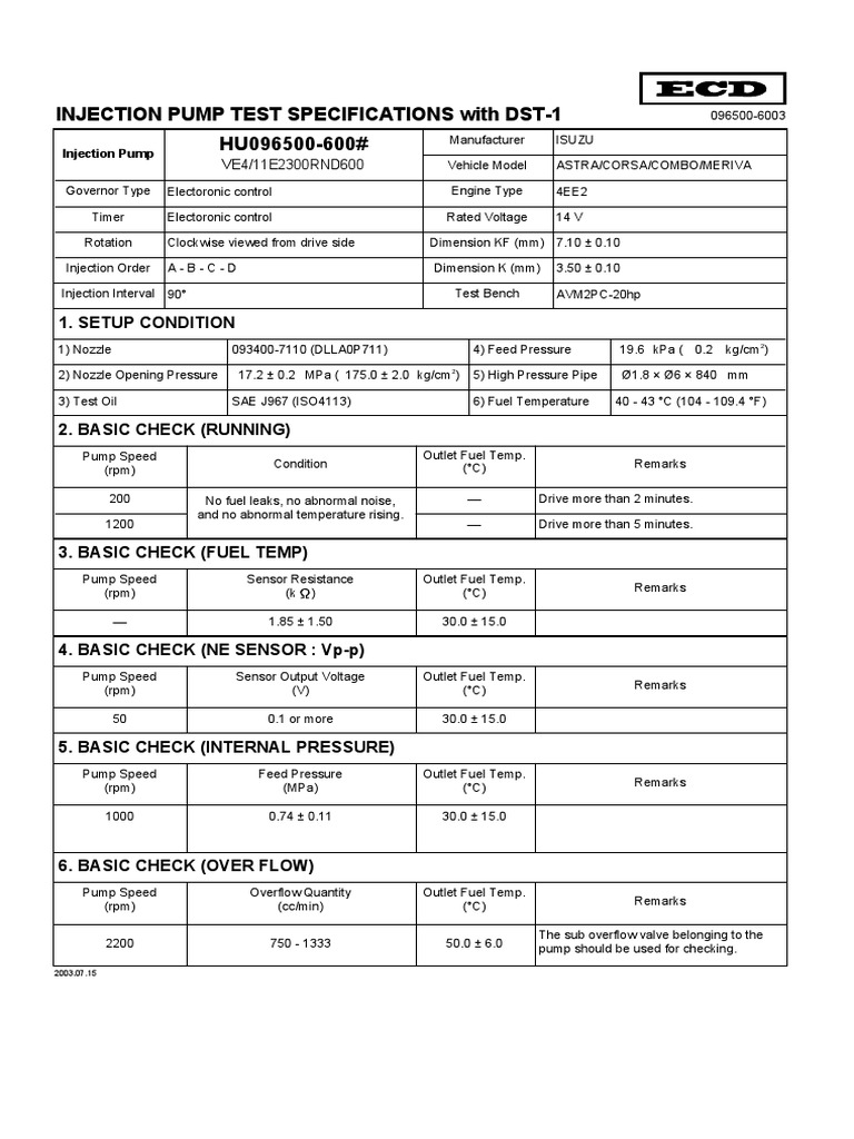 Injection Pump Test Specifications With Dst1 HU096500600 1. Setup