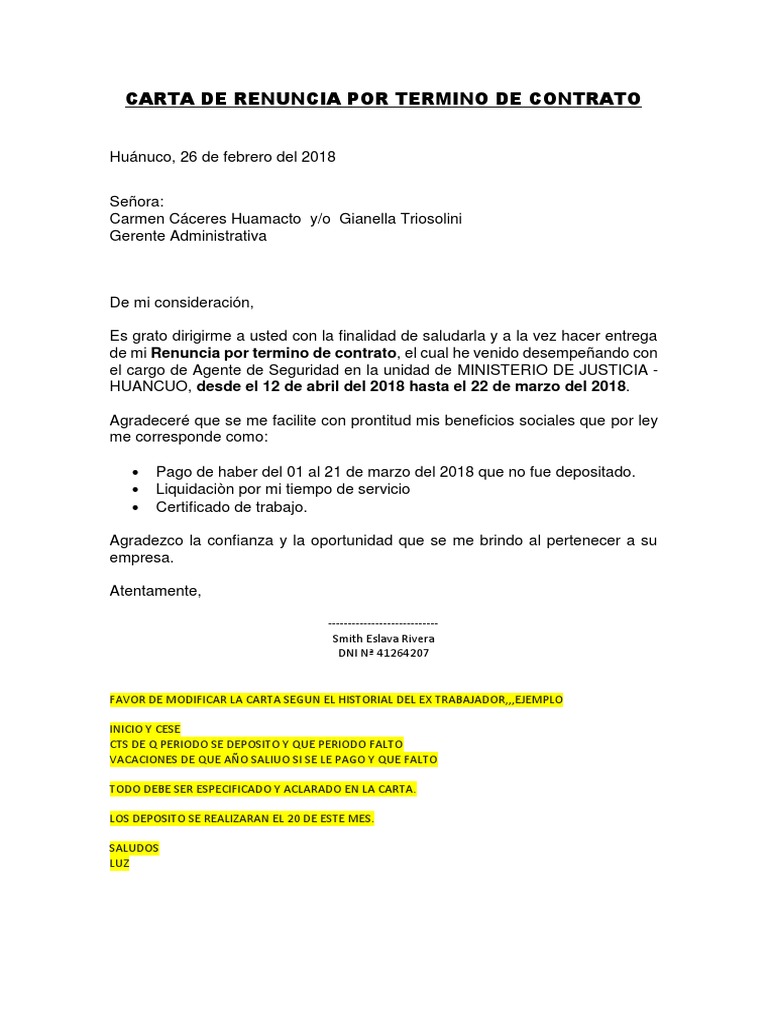 Carta de Renuncia Por Termino de Contrato