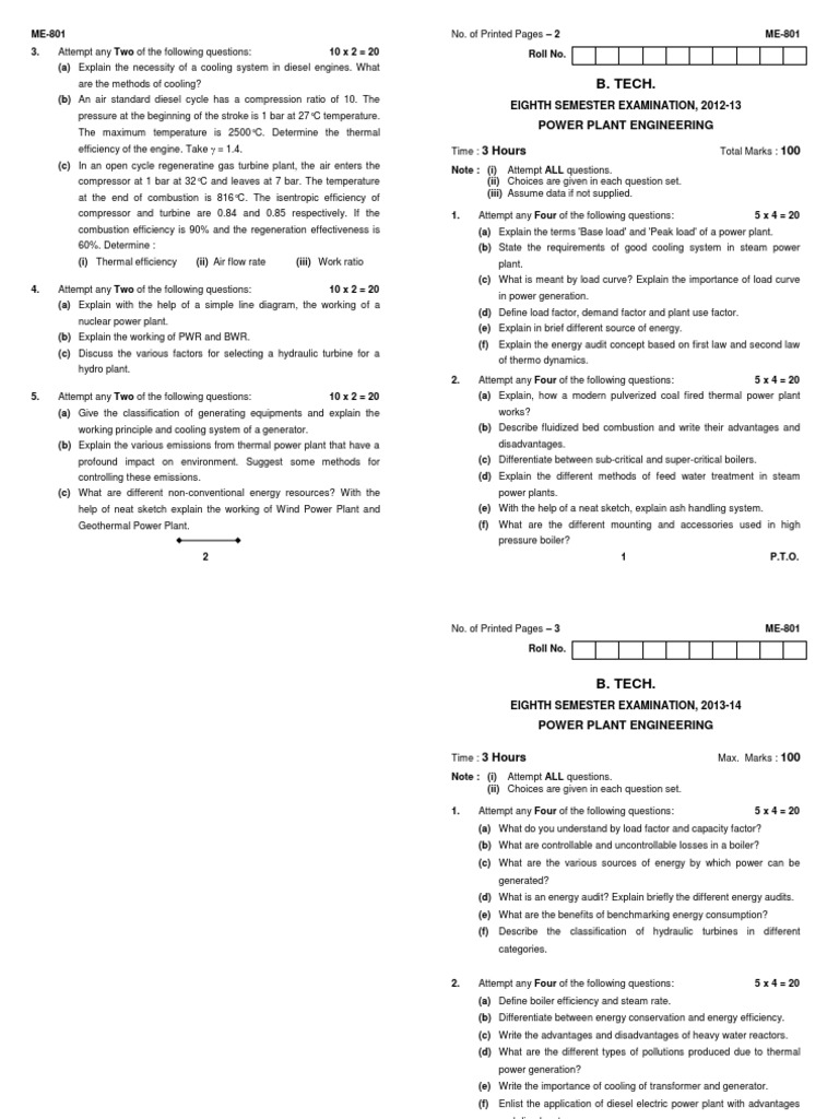 Power Plant Engineering Exam Questions | PDF | Power Station | Gas Turbine