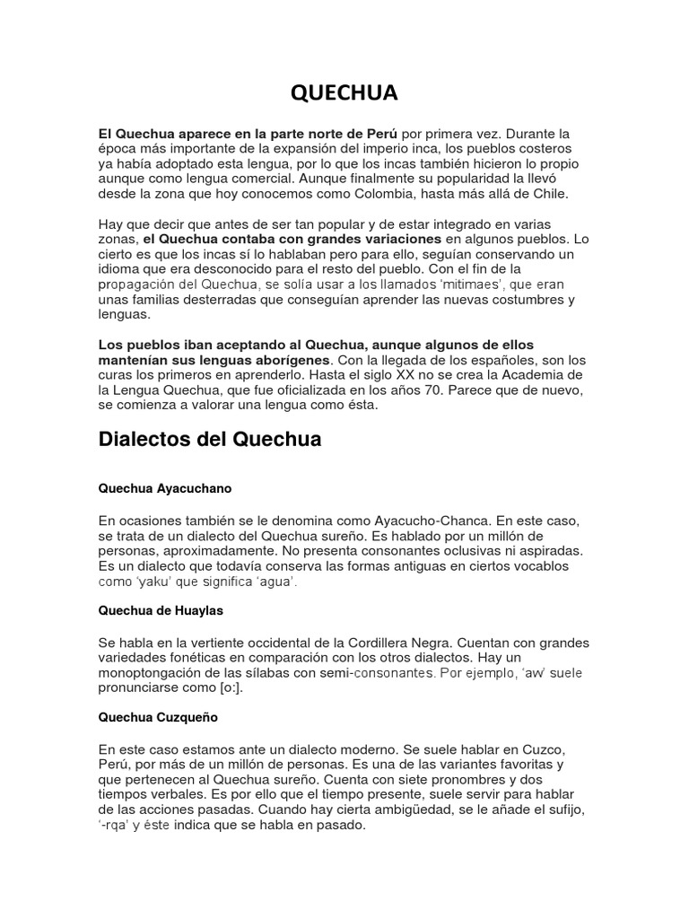 Variedades y Dialectos del Quechua | PDF | Idiomas | Artes del Lenguaje ...