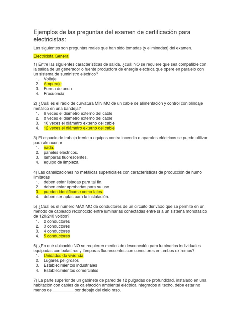 Ejemplos de Las Preguntas Del Examen de Certificación Para Electricistas Electricidad