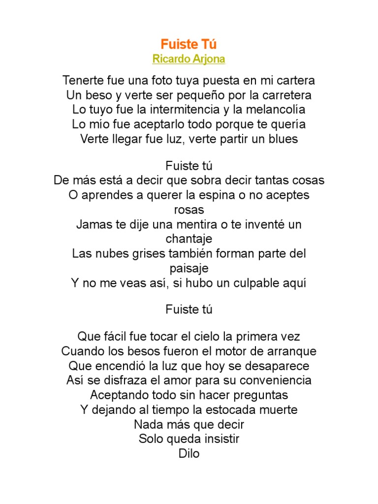 Fuiste Tú Letra en Ingles y Español | PDF | Formas de canciones ...
