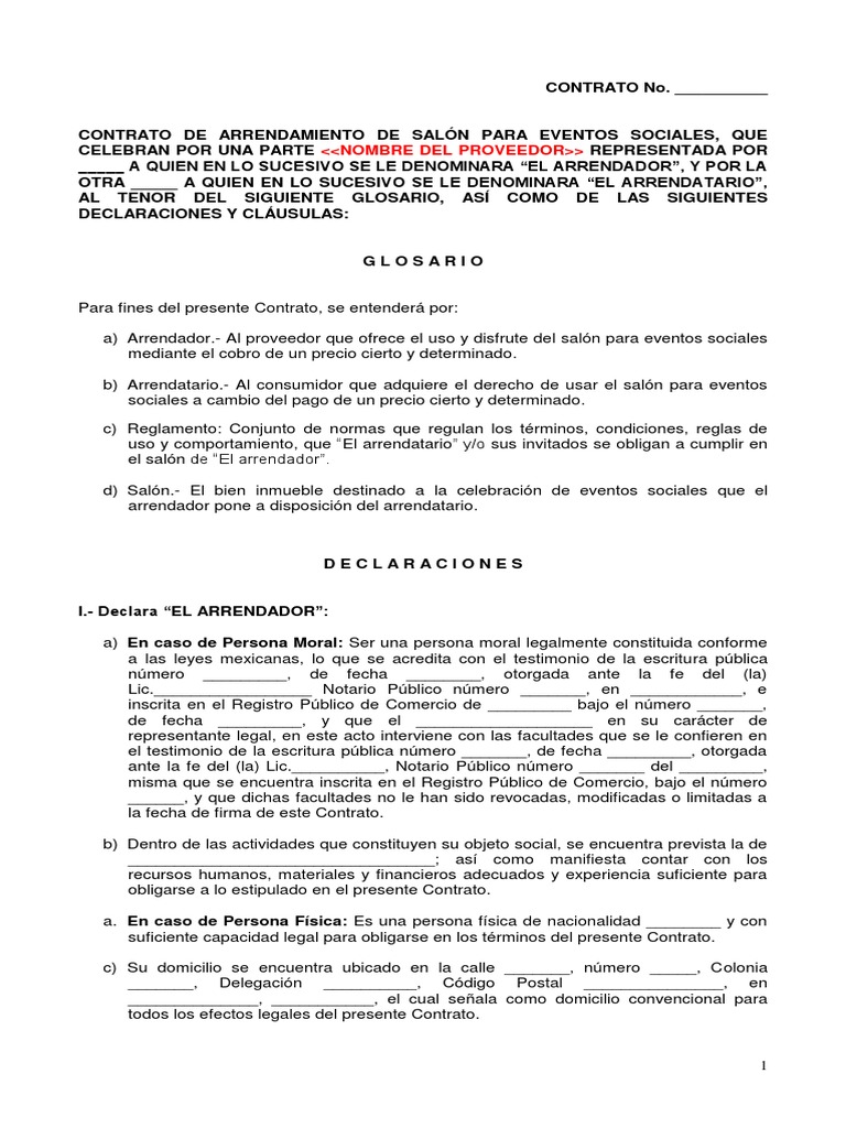 Arrendamiento De Salon Para Eventos Sociales Profeco Pdf Alquiler Pagos