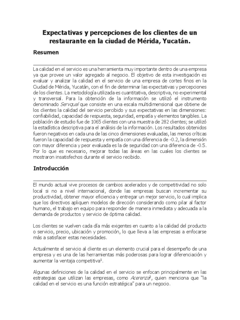 Expectativas y Percepciones de Los Clientes de Un Restaurante en La ...
