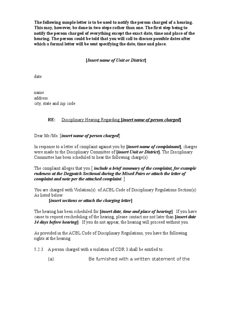 Sample Pre Hearing Letter To Person Charged 4-1-2008 | PDF | Complaint ...