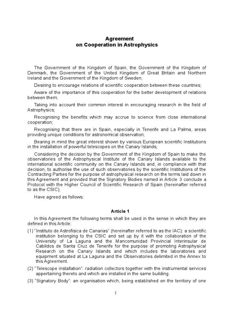 Spain-Denmark-UK-Sweden Astrophysics Agreement | PDF | Ratification ...