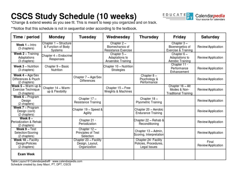 CSCS Study Schedule (10 Weeks) : Time / Period Monday Tuesday Wednesday ...