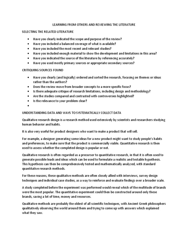 Learning From Others And Reviewing The Literature Questionnaire - learning from others and revie!   wing the literature questionnaire survey methodology