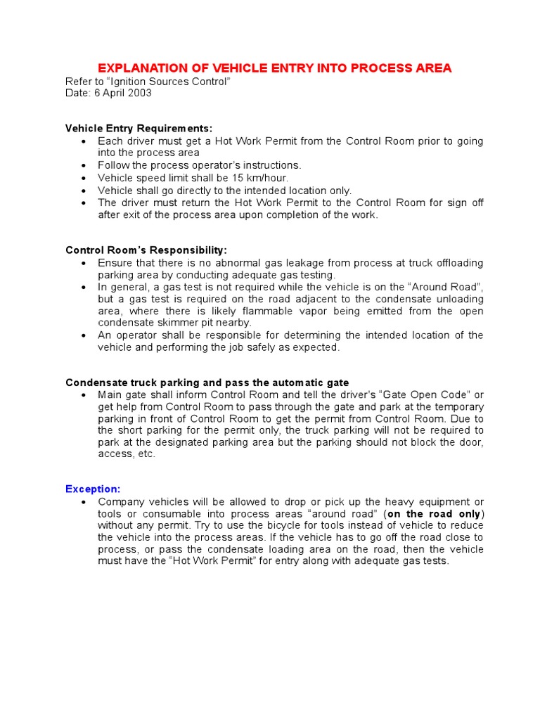 Vehicle Entry Protocols for Process Areas | PDF | Computers ...