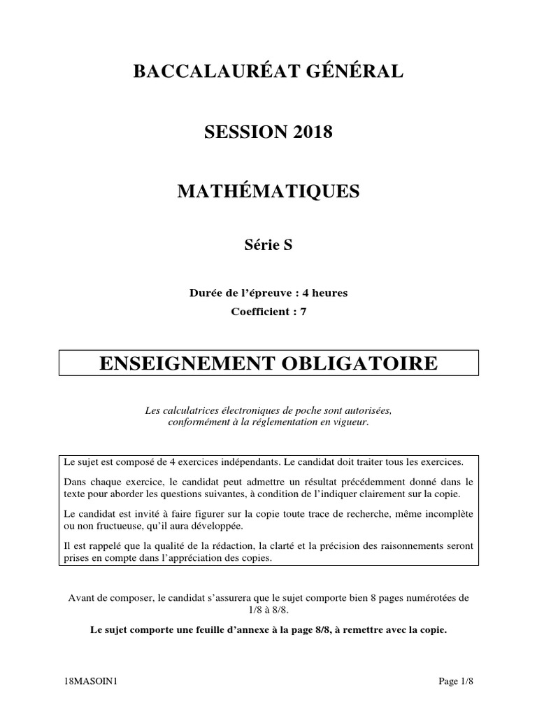 Sujet Type Bac Maths Terminale S Avec Corrigé Pdf Bac S Pondichery 2018 Sujet Maths Obligatoire | PDF | Coordonnées  cartésiennes | Nombre complexe