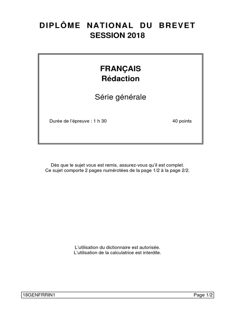 Sujet Brevet Professionnel Français Pdf DNB 2018 Pondichéry SUJET FRANÇAIS Rédaction | PDF