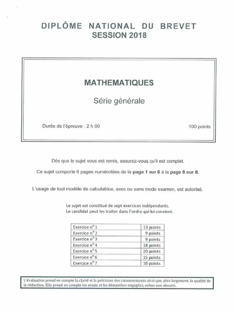 Sujet Brevet Professionnel Maths Pdf DNB 2018 Pondichery Sujet Maths | PDF