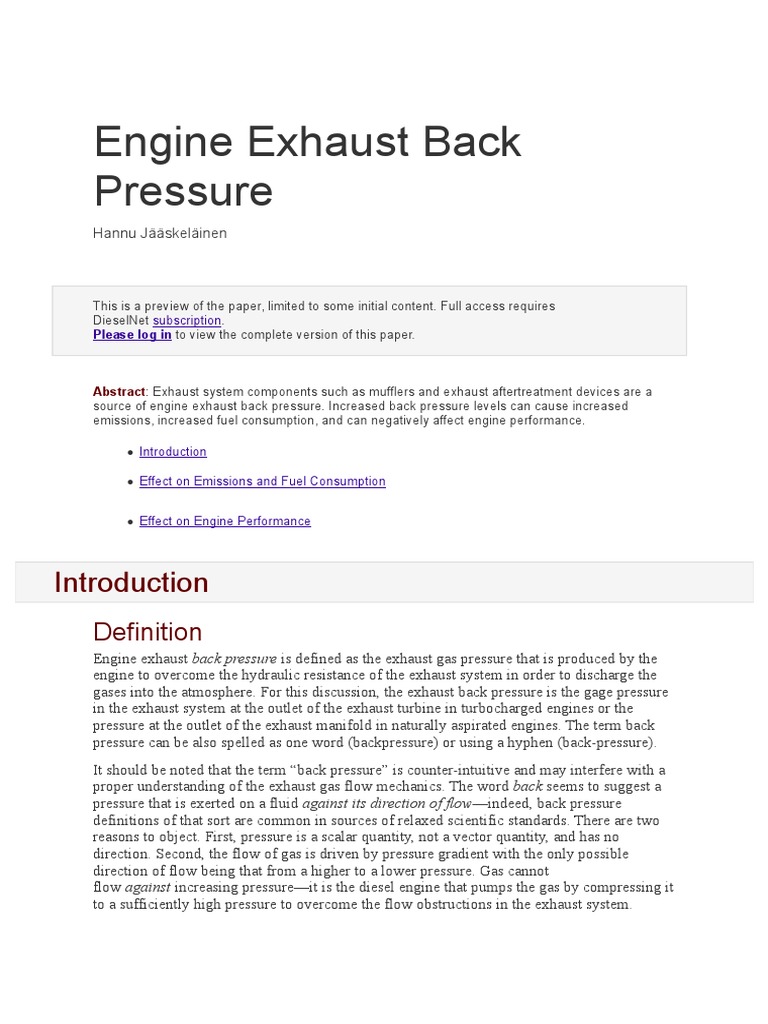Engine Exhaust Back Pressure PDF Internal Combustion Engine