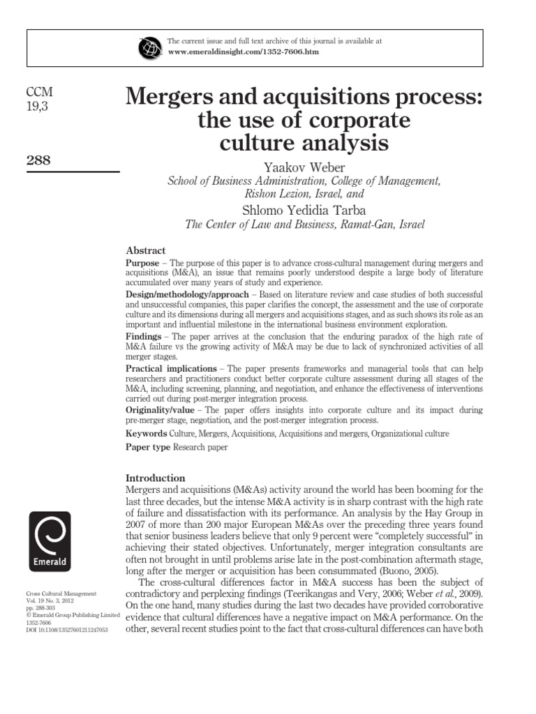 Culture Assessment in M&A Success | PDF | Mergers And Acquisitions ...