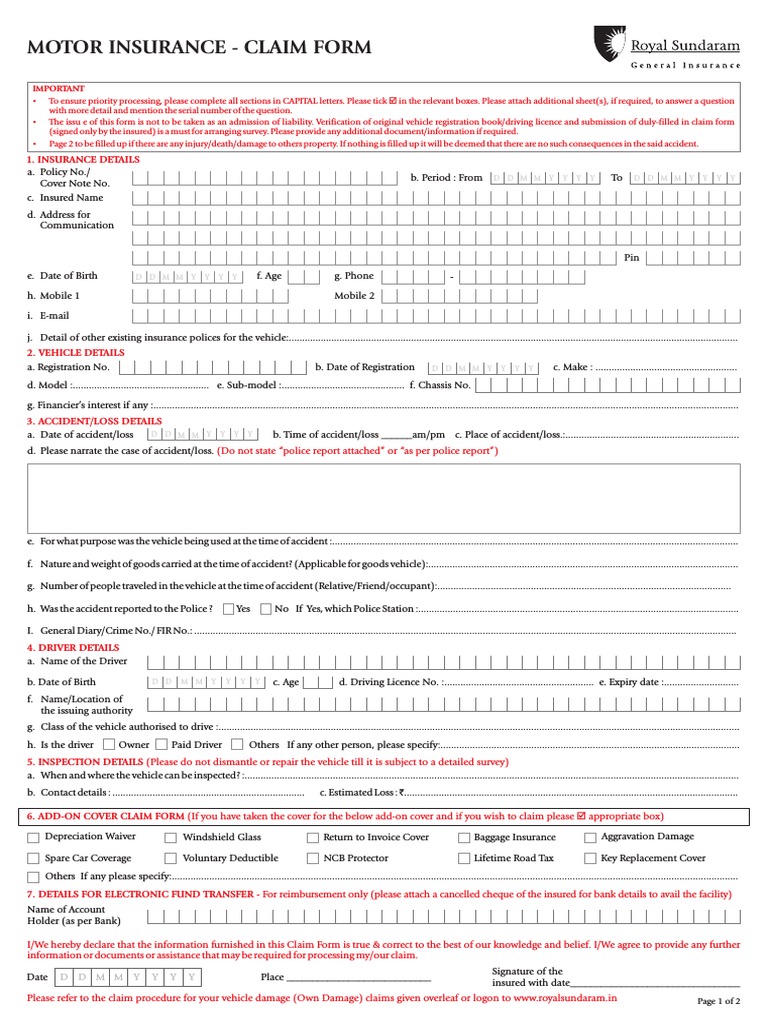 Motor Insurance Claim Form | PDF | Traffic Collision | Vehicle Insurance