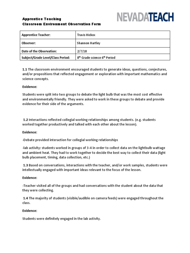 8th Grade Science Classroom Observation | PDF | Classroom | Classroom ...