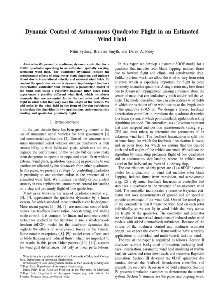 Dynamic Control of Autonomous Quadrotor Flight in An Estimated Wind ...