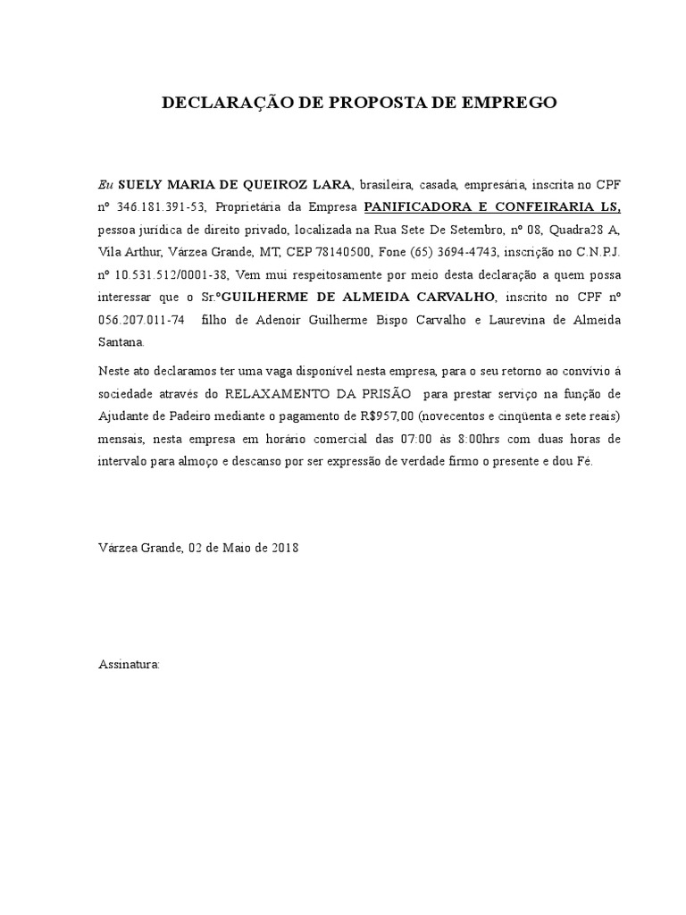 Declaração de Proposta de Emprego Guilherme