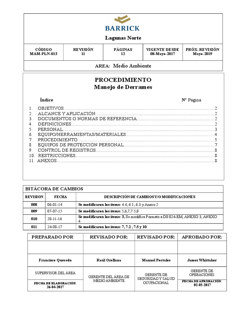 Procedimiento para Manejo de Derrames | PDF | Cianuro | Sustancias químicas