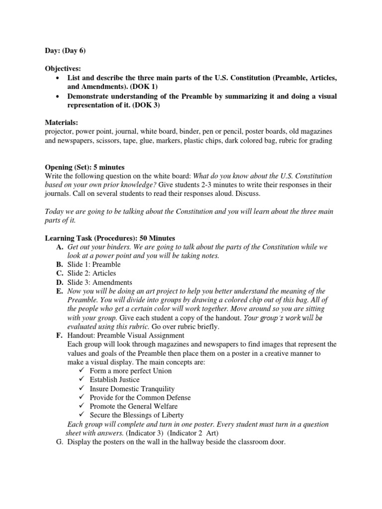 Preamble Lesson Plan | PDF | Rubric (Academic) | Individualized ...