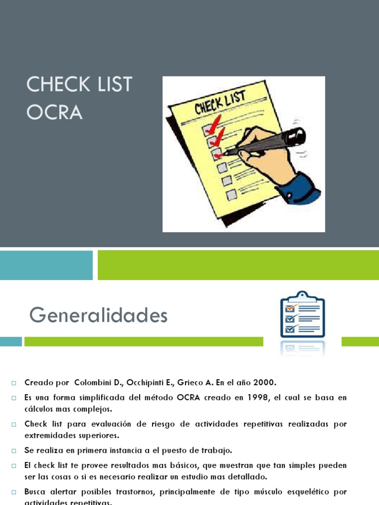 Checklist OCRA para Evaluación de Riesgos | PDF | Almuerzo | Mano