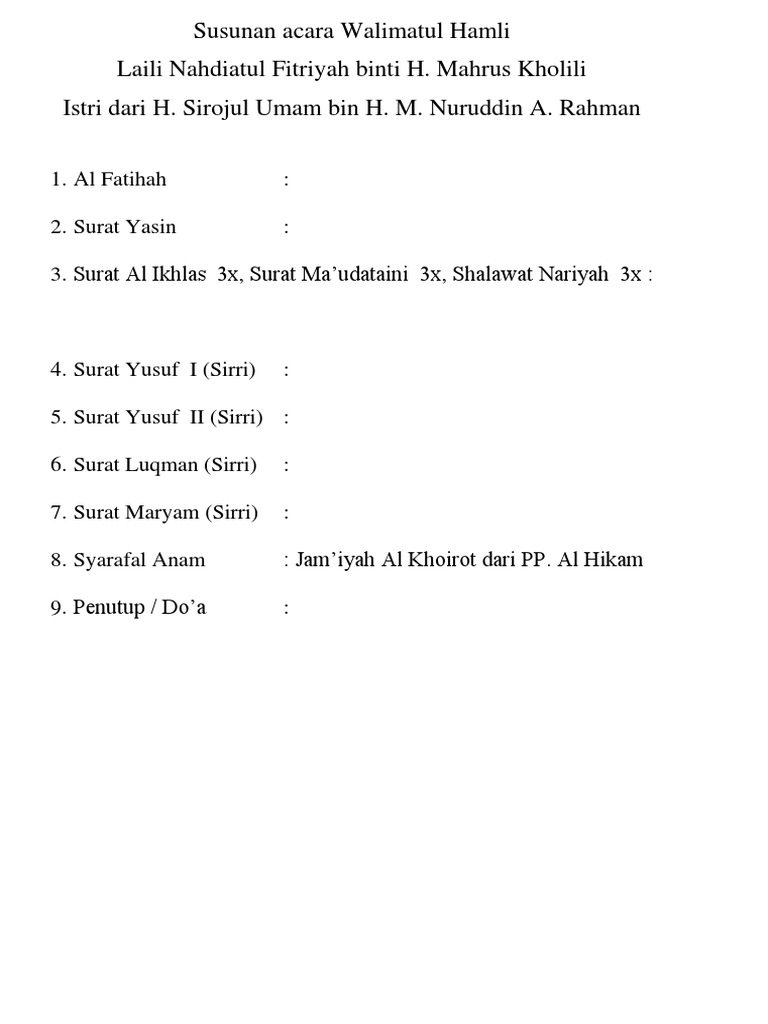 Susunan Acara Walimatul Ursy Pendukung Ilmu