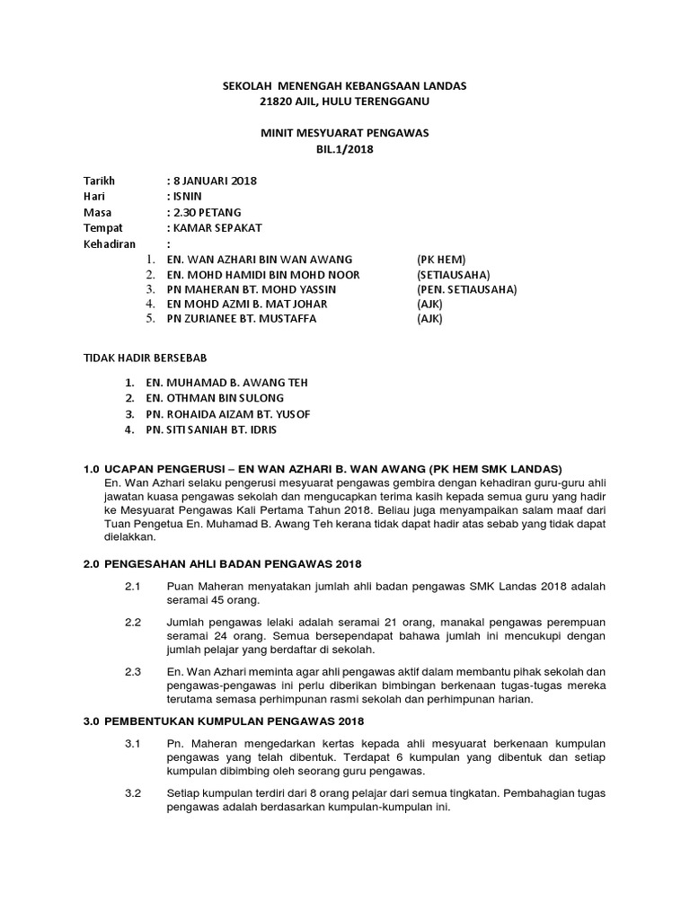 Minit Mesyuarat Pengawas Kali Pertama 2018 Pdf
