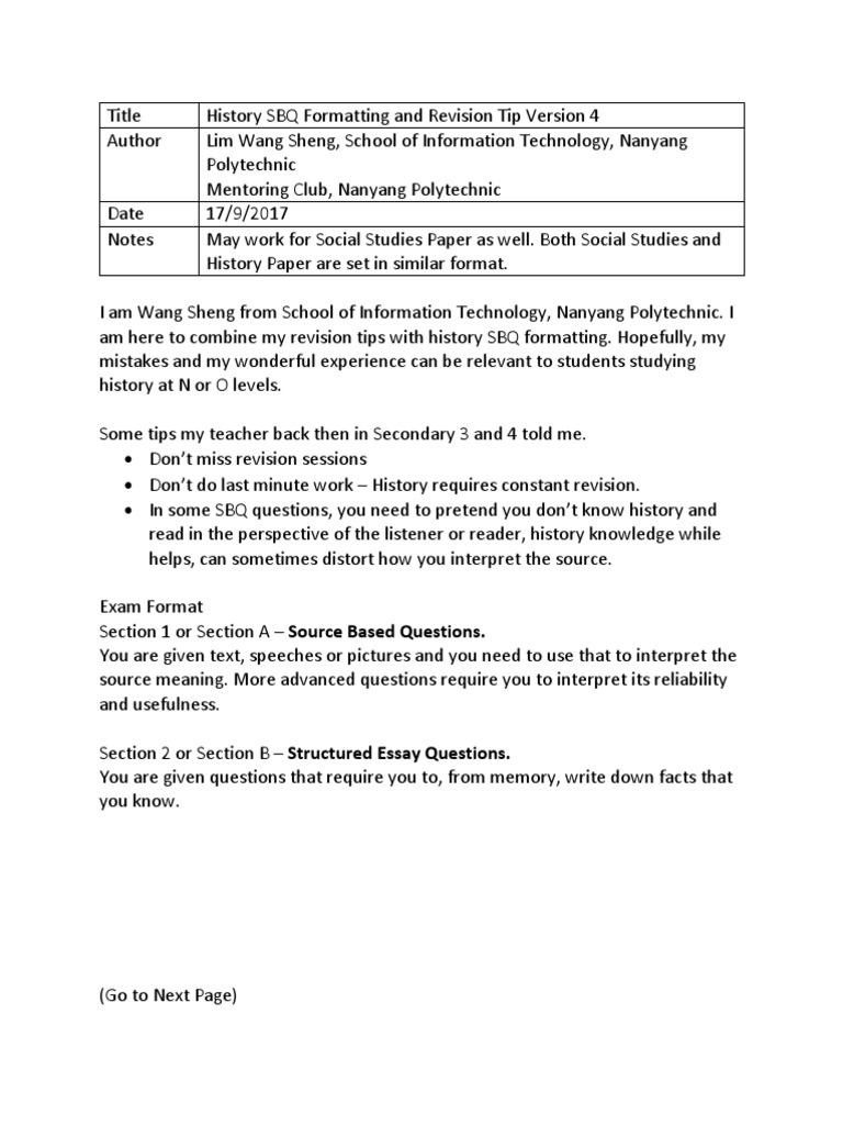 History SBQ Formatting &amp; Revision Tips Version 4 | PDF | Question | Cognition