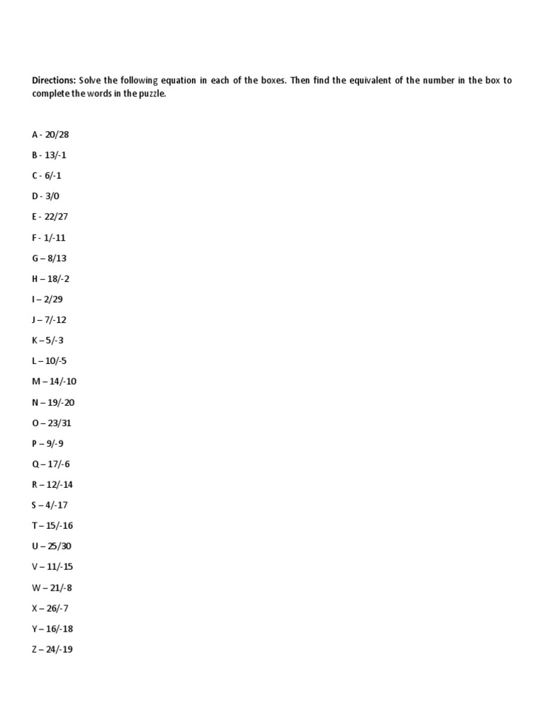 Directions Solve The Following Equation in Each of The Boxes. Then Find The Equivalent of The