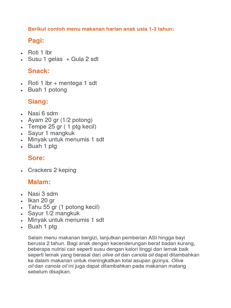 Daily Meal Plan for Toddlers Aged 1-3 Years | PDF