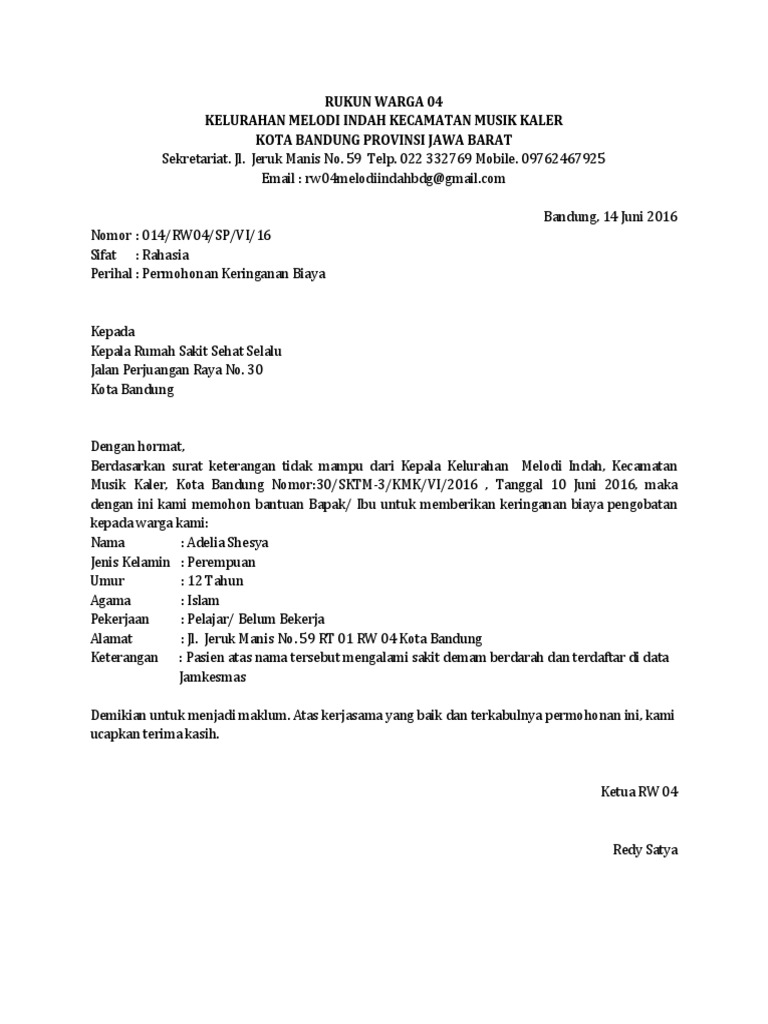 Contoh Surat Permohonan Surat Permohonan Keringanan Biaya
