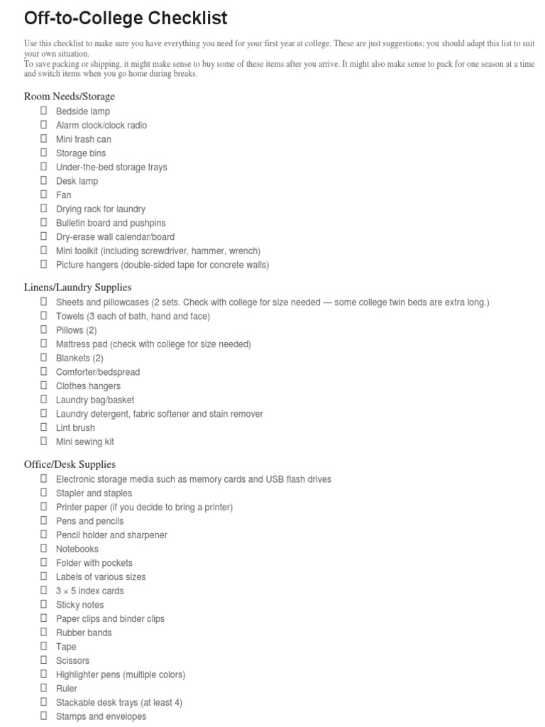 Off to College Checklist PDF Bedding Clothing Off to College Checklist PDF Bedding Clothing