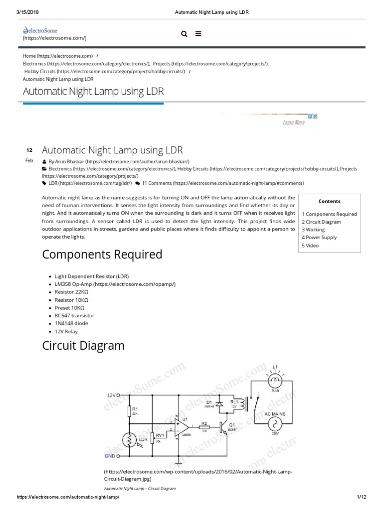 Automatic Night Lamp Circuit Using LDR | PDF | Relay | Switch