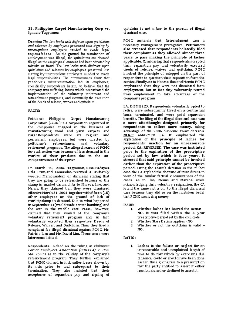 36 Philippine Carpet Manufacturing Corp vs. Ignacio Tagyamon Download