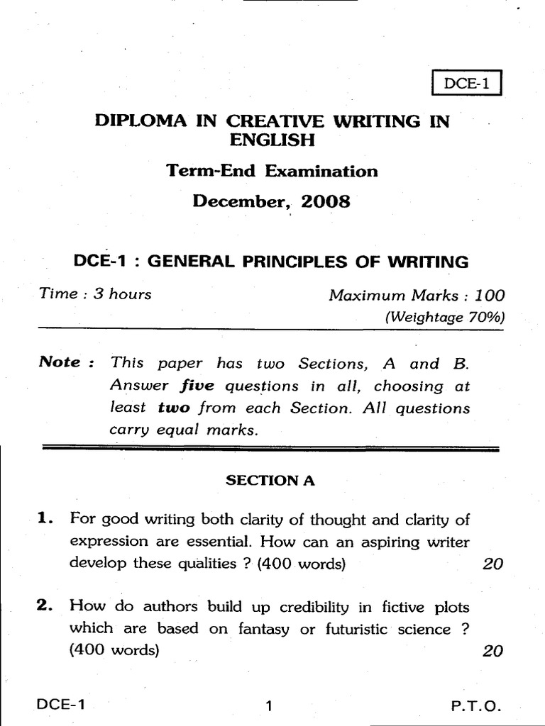IGNOU Diploma in Creative Writing DCE 1 10 Years Question Papers PDF