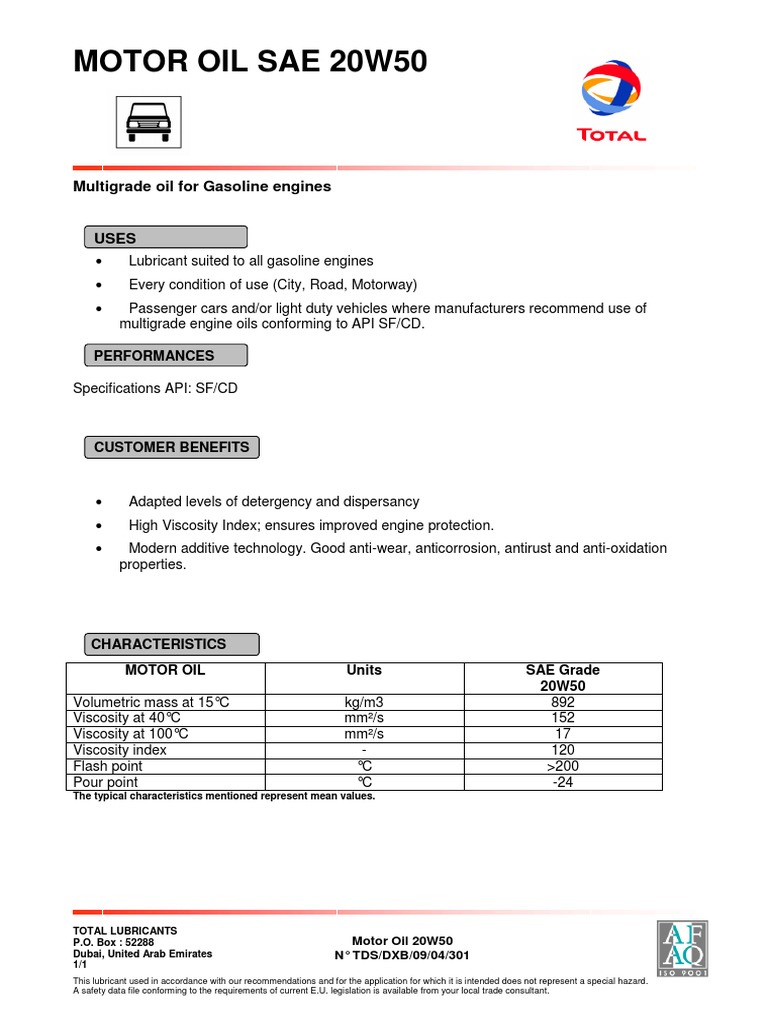 Motor Oil 20w 50 MSDS PDF