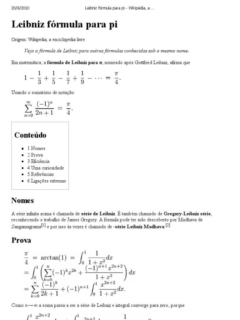 Leibniz fórmula para pi Wikipédia, a enciclopédia livre Série