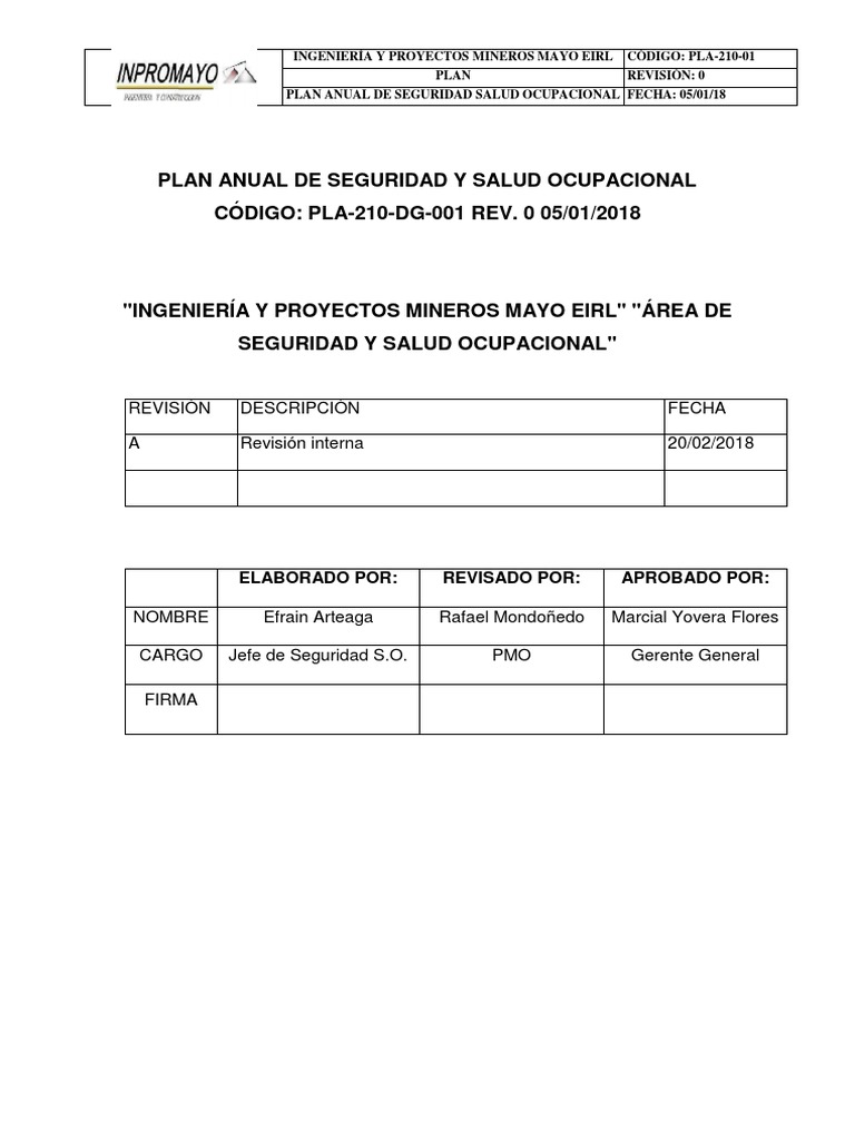 Plan Anual De Seguridad Y Salud Ocupacional