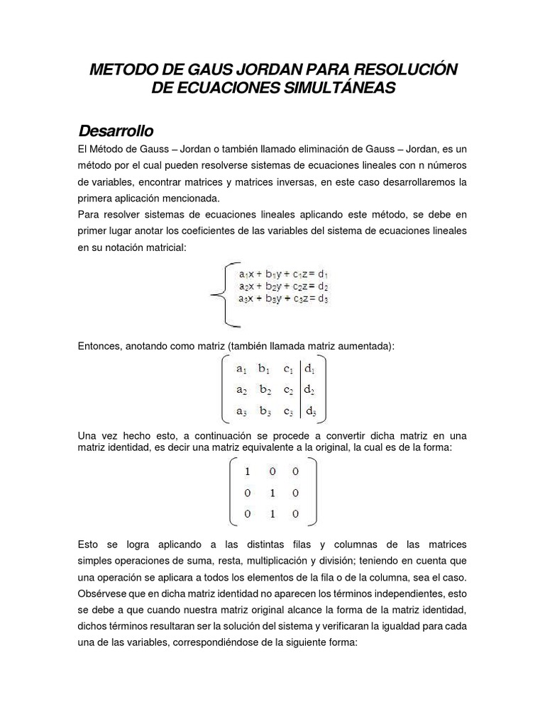 Papá Escrupuloso radio Metodo de Gaus Jordan para Resolución de Ecuaciones Simultáneas | PDF |  Matriz (Matemáticas) | Sistema de ecuaciones lineales