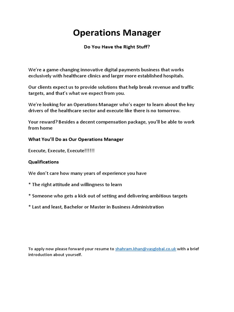 Operations Manager Role in Healthcare Payments | PDF | Career & Growth ...