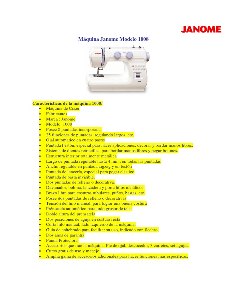 Características Máquina Janome 1008 Descargar gratis PDF Máquina de