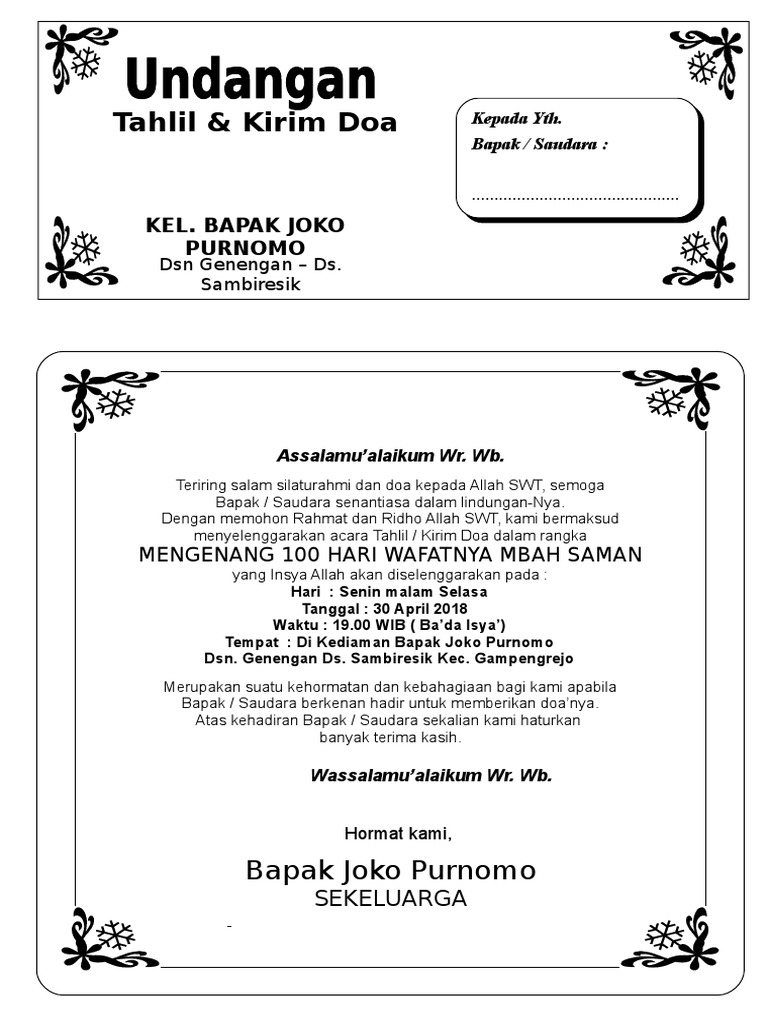 Undangan Tahlil A4 Siap Cetak Bisa Di Edit Pdf