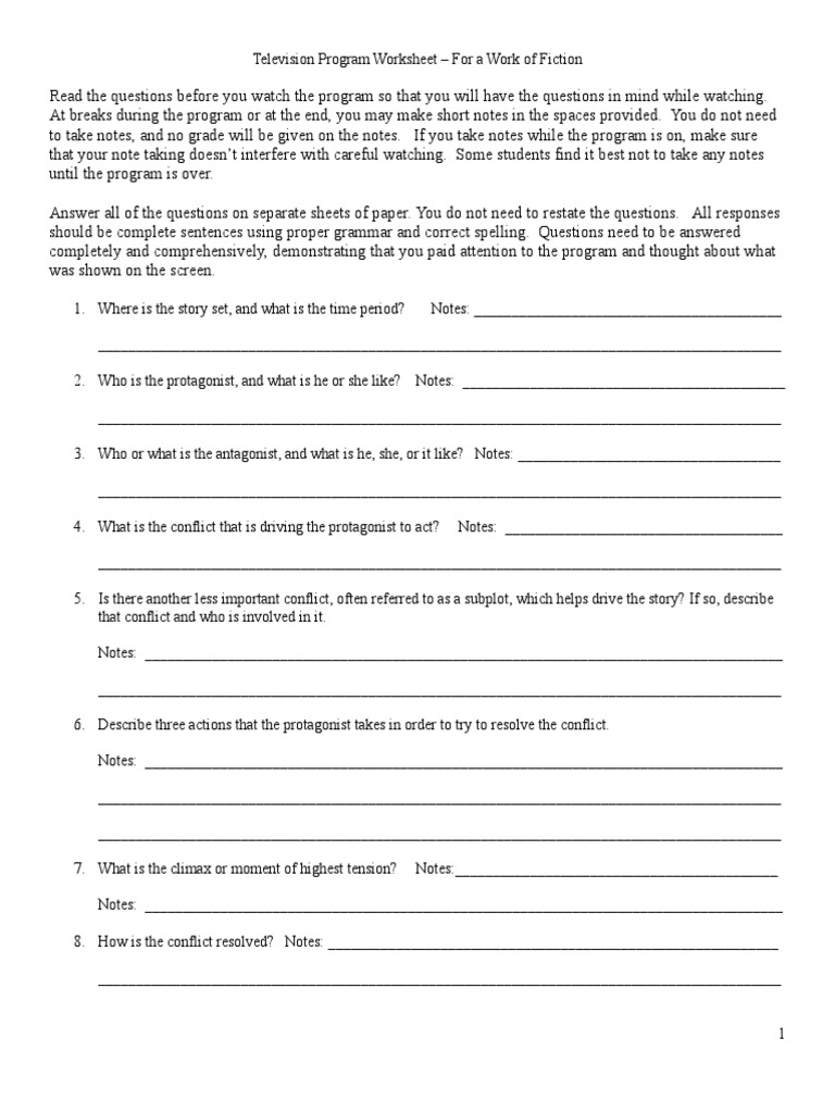 Film Study Worksheet TV PDF Communication Leisure
