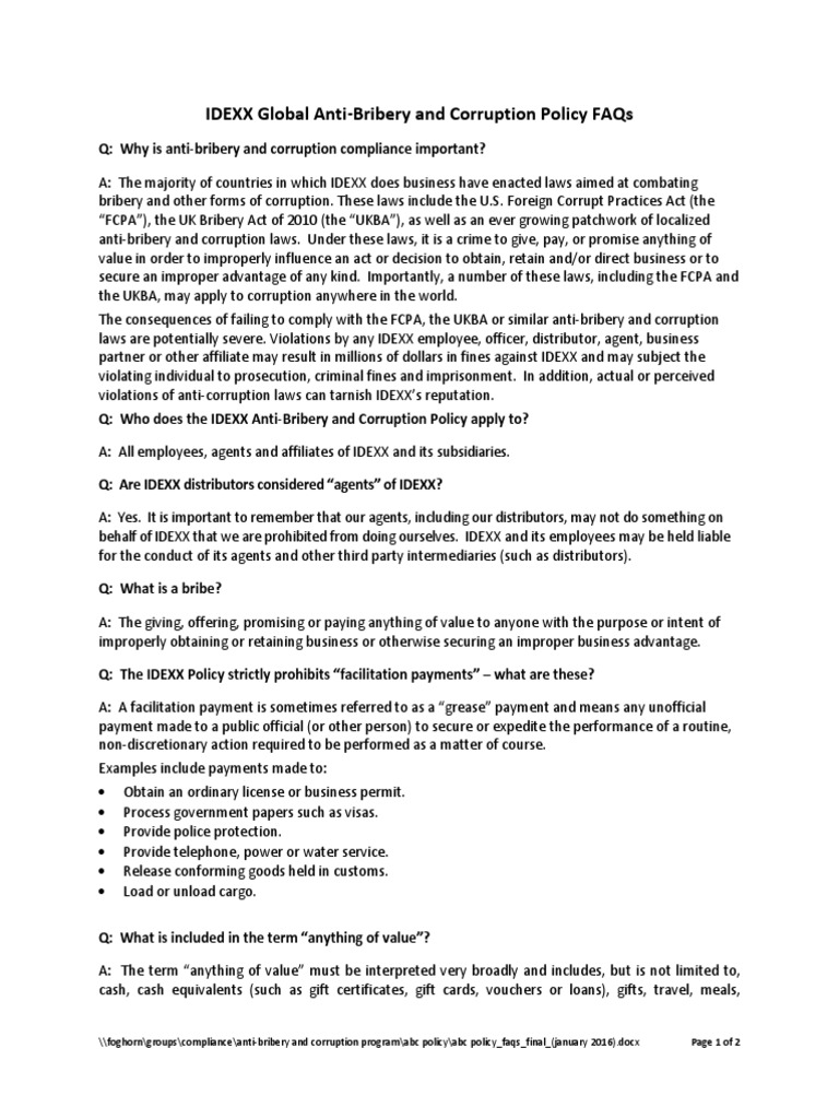 ABC Policy - FAQs - FINAL - (January 2016) PDF | PDF | Corruption ...